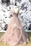 Simple A Line V Neck Open Back Ruffles Prom Dresses, Long Formal Dresses, PL450