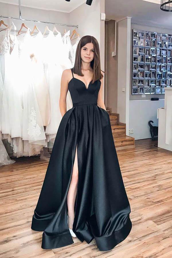 Sexy V-Neck Satin Pleated Sheath Long Prom Formal Dress with Slit Dust –  SQOSA