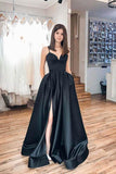 Simple Black Satin Spaghetti Straps Prom Dresses, Evening Dress With Slit, PL544