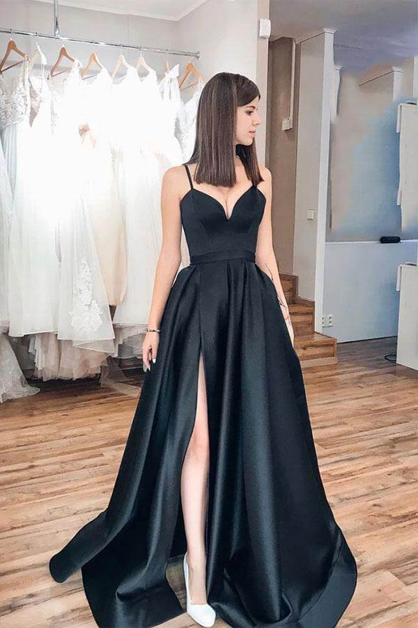 dresses for prom for teens Simple Black Satin Spaghetti Straps Prom Dresses PL544