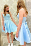 Simple Blue Satin A Line Beaded Homecoming Dress, Short Prom Dresses, PH391