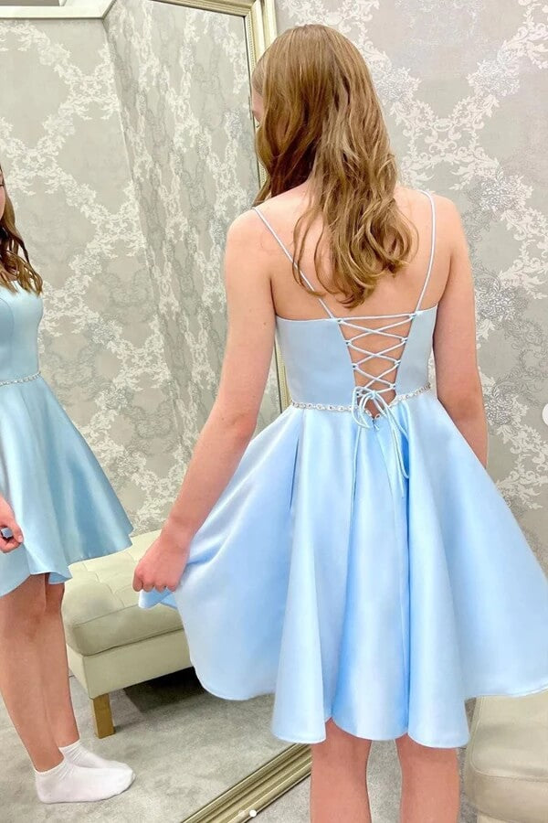 Simple Blue Satin A Line Beaded Homecoming Dress Ph391 | Promnova US14 / Custom Color Simple Blue Satin A Line Beaded Homecoming Dress Ph391 | Promnova US14 / Custom Color