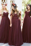 Simple Burgundy A Line Off-the-Shoulder Cheap Long Bridesmaid Dresses, PB131