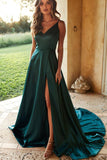 Simple Dark Green Satin A-line Sweep Train Prom Dresses, Evening Gown PL411