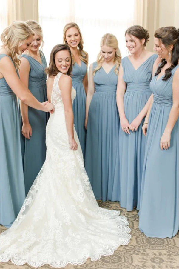 Simple Dusty Blue Chiffon A Line V Neck Floor Length Bridesmaid Dresses, PB170 | budget bridesmaid dresses | junior bridesmaid dress | simple bridesmaid dresses | promnova.com