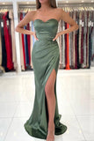 Simple Dusty Sage Strapless Prom Dress With Slit, Mermaid Evening Dress, PL521