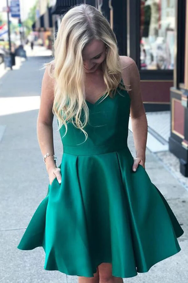 Green Satin A Line V Neck Short Homecoming Dresses PH377 | Promnova Custom Size / As Picture Green Satin A Line V Neck Short Homecoming Dresses PH377 | Promnova Custom Size / As Picture