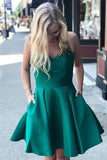 Simple Green Satin A Line V Neck Short Homecoming Dresses With Pockets, PH377