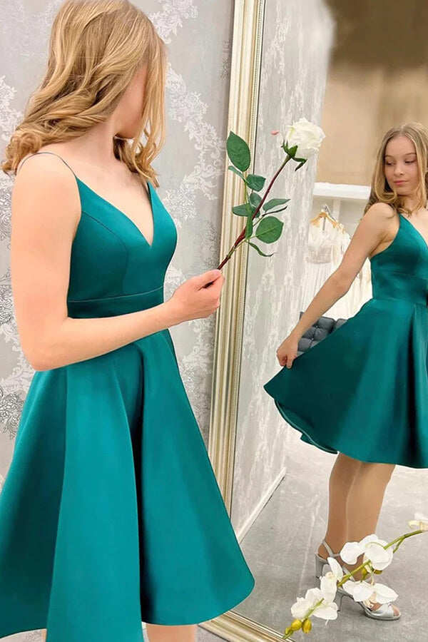 Simple Green Satin A Line V Neck Homecoming Dresses, PH397 | Promnova US16W / Custom Color Simple Green Satin A Line V Neck Homecoming Dresses, PH397 | Promnova US16W / Custom Color