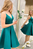 Simple Green Satin A Line V Neck Short Prom Dresses, Homecoming Dresses, PH397
