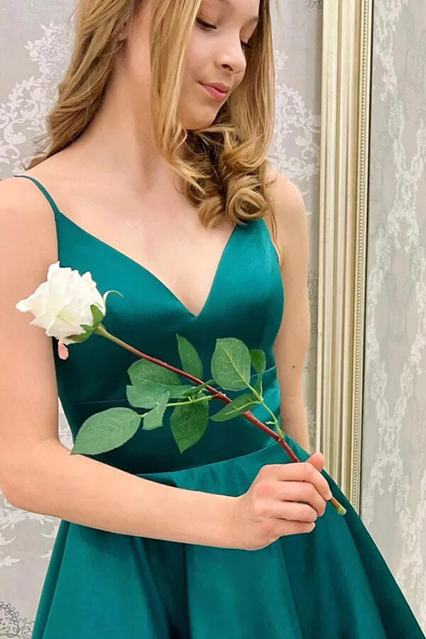 Simple Green Satin A Line V Neck Homecoming Dresses, PH397 | Promnova Simple Green Satin A Line V Neck Homecoming Dresses, PH397 | Promnova