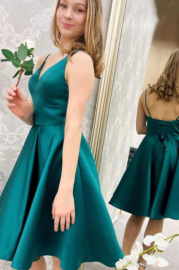 Simple Green Satin A Line V Neck Homecoming Dresses, PH397 | Promnova US16W / Custom Color Simple Green Satin A Line V Neck Homecoming Dresses, PH397 | Promnova US16W / Custom Color