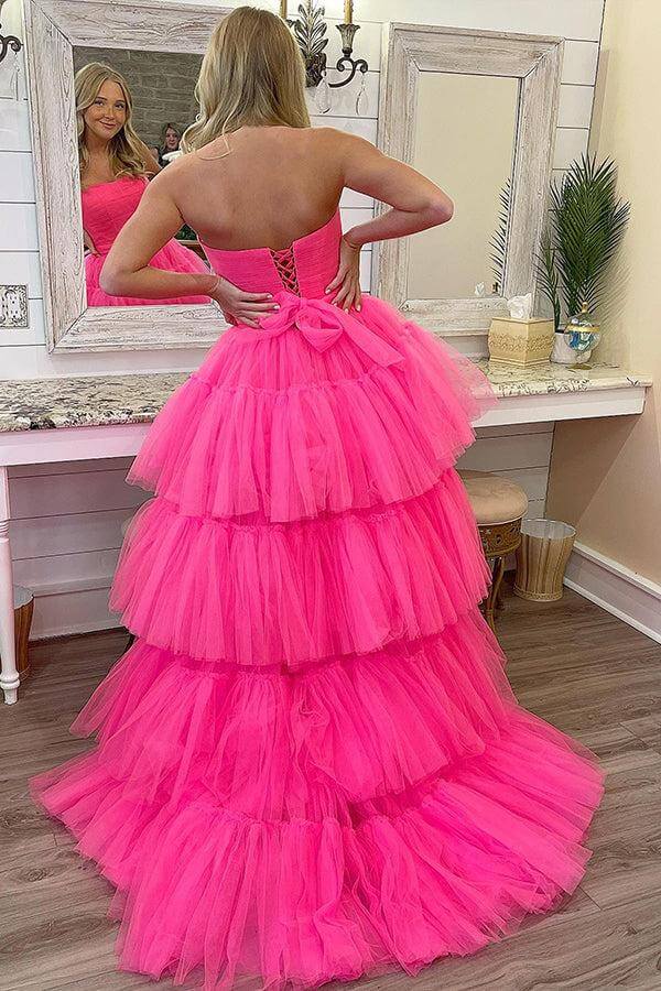 High Low Strapless Fuchsia Prom Dress With Ruffles PL510 | Promnova High Low Strapless Fuchsia Prom Dress With Ruffles PL510 | Promnova