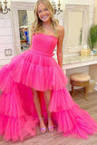 Simple High Low Strapless Fuchsia Prom Dress With Ruffles, Evening Gown, PL510