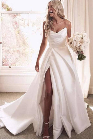 Simple Ivory Satin Strapless A Line V Neck Wedding Dresses With Slit PW273 | simple wedding dresses | bridal outfit | wedding gown | www.promnova.com