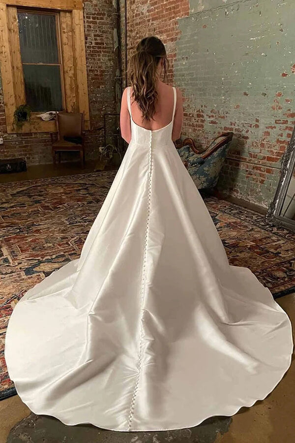 Simple Wide Straps Ivory Wedding Gown with Pockets WD633-Pgmdress US16 / As Picture Simple Wide Straps Ivory Wedding Gown with Pockets WD633-Pgmdress US16 / As Picture