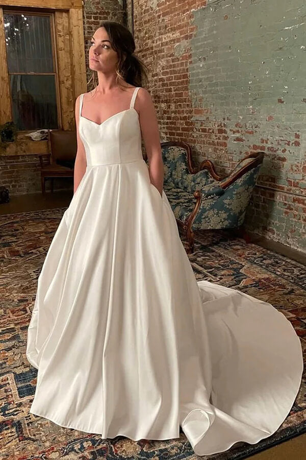 Simple Ivory Satin Wedding Dresses With Pockets, V Neck Bridal Gowns, PW349