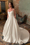 Simple Ivory Satin Wedding Dresses With Pockets, V Neck Bridal Gowns, PW349