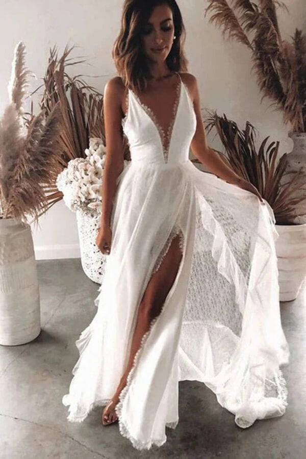 Lace A Line V Neck Beach Wedding Dresses With Side Slit, Wedding Gown, PW316 | v neck wedding dress | bridal outfits | wedding dresses online | promnova.com