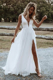 Lace A Line V Neck Beach Wedding Dresses With Side Slit, Wedding Gown, PW316