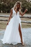 Lace A Line V Neck Beach Wedding Dresses With Side Slit, Wedding Gown, PW316 | beach wedding dresses | cheap lace wedding dress | bridal gowns | promnova.com