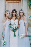 Simple Light Blue Chiffon A Line Off-the-Shoulder Long Bridesmaid Dresses, PB134