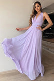 Simple Lilac Chiffon A-line V-neck Floor Length Long Bridesmaid Dresses, PB144