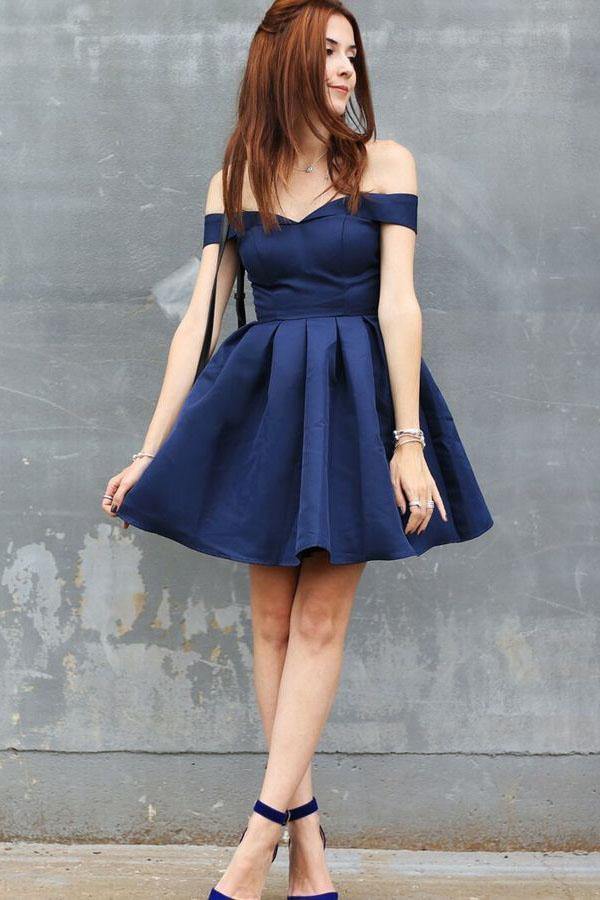 Simple Navy Blue Satin A Line Off-the-Shoulder Short Homecoming Dresses, PH386 | blue homecoming dresses | cheap homecoming dresses | short prom dresses | promnova.com