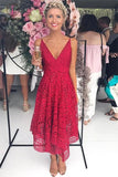 Simple Red A Line V Neck Lace Bridesmaid Dresses, Wedding Party Dresses, PB163