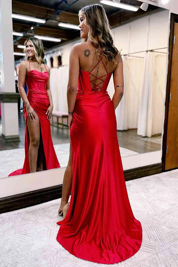 Red Silk Satin Sheath Spaghetti Straps Simple Prom Dresses With Side Slit, PL540 | satin prom dresses | evening dresses | party dresses | promnova.com