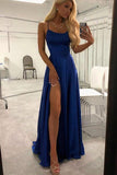 Simple Royal Blue Spaghetti Straps Open Back Prom Dresses With Slit PL408