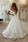 Simple Satin A Line Off-the-Shoulder Wedding Dresses With Court Train, PW323