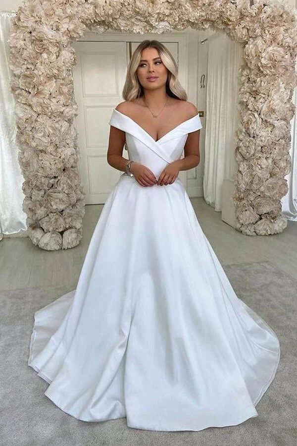 Simple Satin A Line Off-the-Shoulder Wedding Dresses PW323 | Promnova US16 / As Picture Simple Satin A Line Off-the-Shoulder Wedding Dresses PW323 | Promnova US16 / As Picture