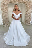 Simple Satin A Line Off-the-Shoulder Wedding Dresses With Court Train, PW323 | cheap wedding dresses | wedding gowns | bridal outfits | promnova.com