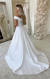 Simple Satin A Line Off-the-Shoulder Wedding Dresses With Court Train, PW323 | bohemian wedding dresses | cheap wedding dresses online | wedding dresses near me | promnova.com