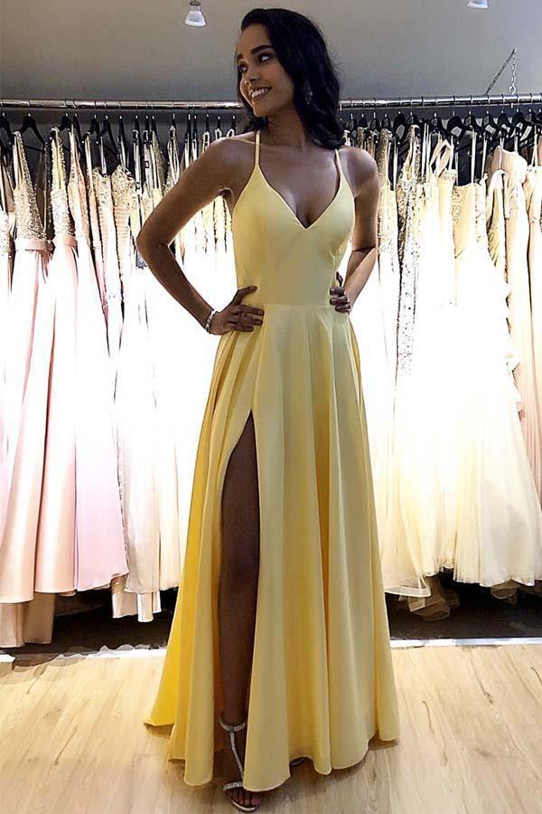 Satin A Line V Neck Spaghetti Straps Long Prom Dress PL443 | Promnova Satin A Line V Neck Spaghetti Straps Long Prom Dress PL443 | Promnova