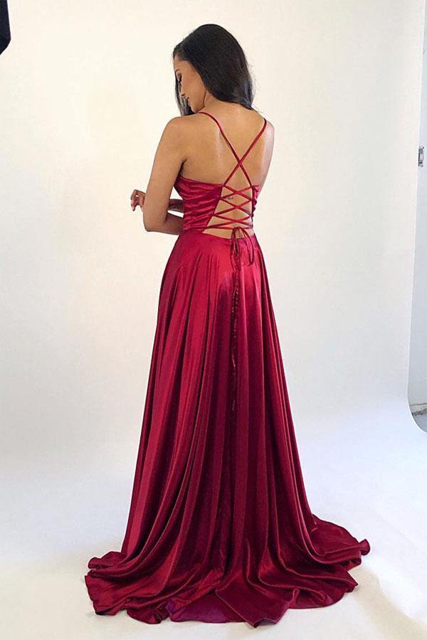 Satin A Line V Neck Spaghetti Straps Long Prom Dress PL443 | Promnova US14 / Yellow Satin A Line V Neck Spaghetti Straps Long Prom Dress PL443 | Promnova US14 / Yellow