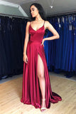 Simple Satin A Line V Neck Spaghetti Straps Long Prom Dresses With Split, PL443