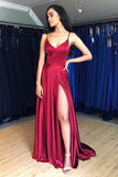 Simple Satin A Line V Neck Spaghetti Straps Long Prom Dresses With Split, PL443 | burgundy prom dresses | long formal dresses | evening dress | promnova.com