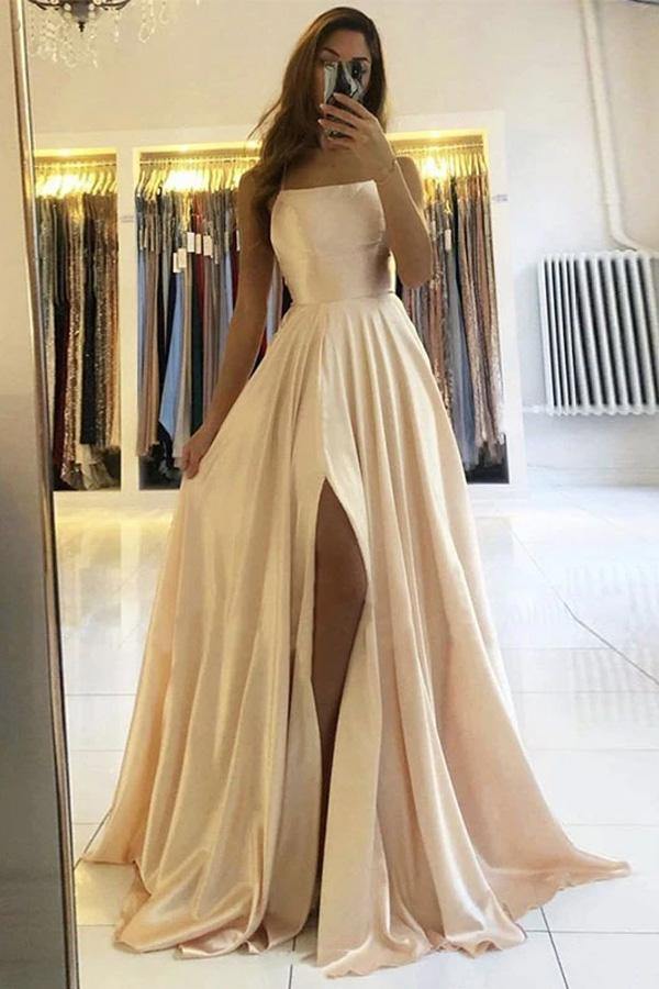 Satin Dusty Rose A-Line Lace Up Prom Dress with Split PL413 | Promnova US6 / Champagne Satin Dusty Rose A-Line Lace Up Prom Dress with Split PL413 | Promnova US6 / Champagne