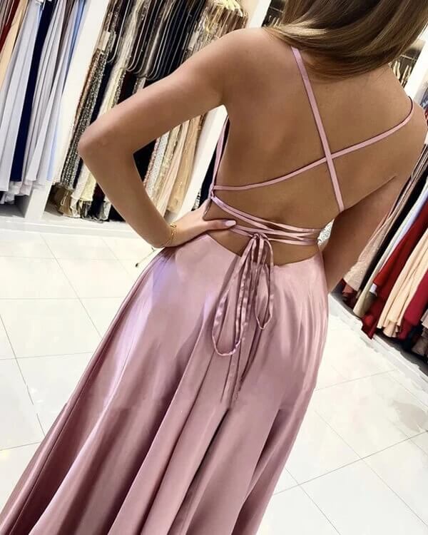 Satin Dusty Rose A-line Lace Up Prom Dress With Split PL413 | Promnova US16 / Dusty Rose Satin Dusty Rose A-line Lace Up Prom Dress With Split PL413 | Promnova US16 / Dusty Rose