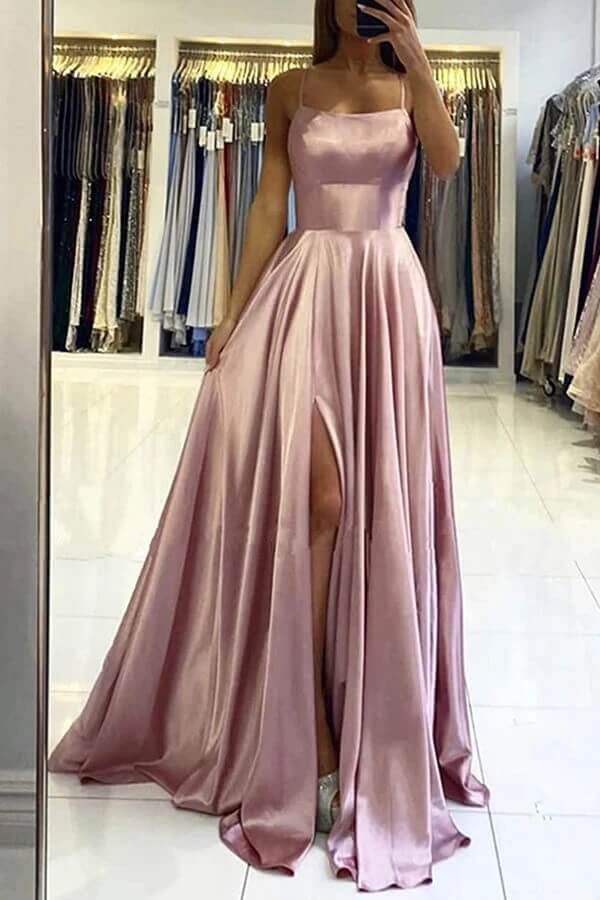 Satin Dusty Rose A-line Lace Up Prom Dress With Split PL413 | Promnova US16 / Dusty Rose Satin Dusty Rose A-line Lace Up Prom Dress With Split PL413 | Promnova US16 / Dusty Rose