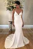 Simple Satin Mermaid Spaghetti Straps V Neck Wedding Dresses With Train, PW315 | cheap wedding dresses | satin wedding dresses | bridal gown | promnova.com