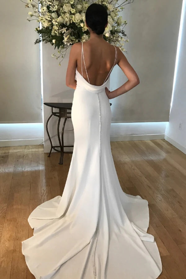 Simple Satin Mermaid Spaghetti Straps V Neck Wedding Dresses With Train, PW315 | mermaid wedding dresses | wedding dresses online | wedding gown | promnova.com
