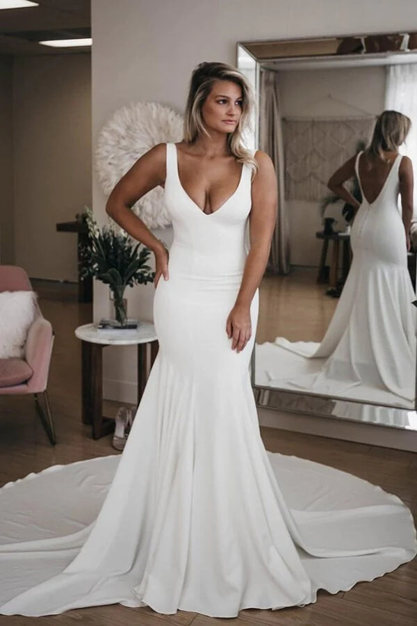 Simple Satin Mermaid V Neck Backless Wedding Dresses PW286