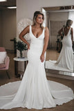 Simple Satin Mermaid V Neck Backless Wedding Dresses With Court Train, PW286