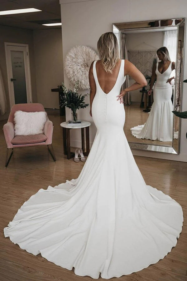 Simple Satin Mermaid V Neck Backless Wedding Dresses With Court Train, PW286