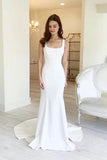 Simple Satin Sheath Square Neck Backless Wedding Dresses, Bridal Gown, PW311