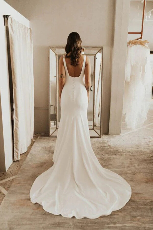 Satin Sheath Square Neck Backless Wedding Dresses PW311 | Promnova US0 / As Picture Satin Sheath Square Neck Backless Wedding Dresses PW311 | Promnova US0 / As Picture