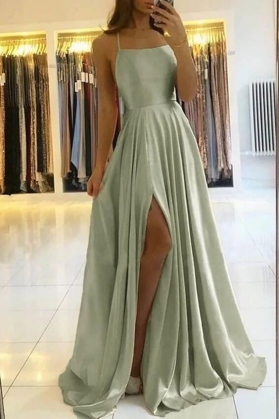 A Line Slit Silk Satin Prom Dress